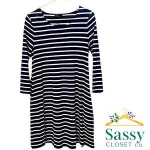 GAP Navy White Stripe Cotton Modal 3/4 Sleeve Mini Dress Pockets Size M
